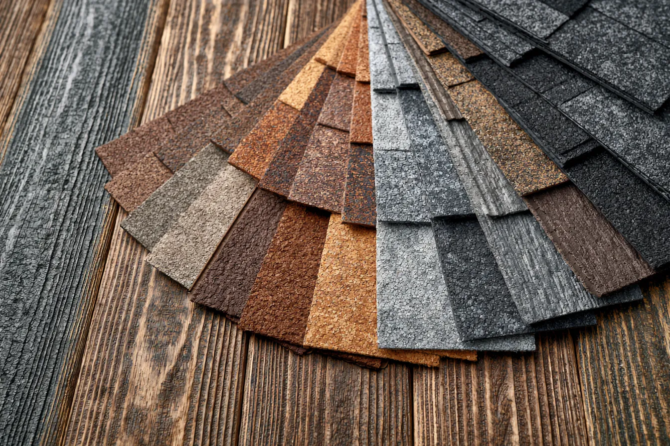 Wood surface displaying a fanned spread of asphalt shingle color samples
