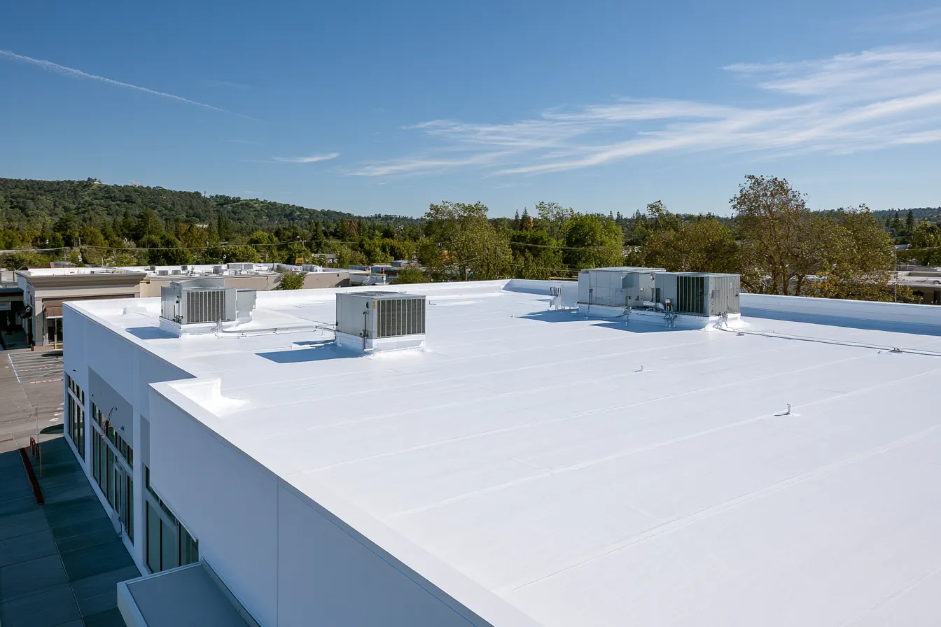 Single-ply membrane covering a commercial flat roof with air handling units