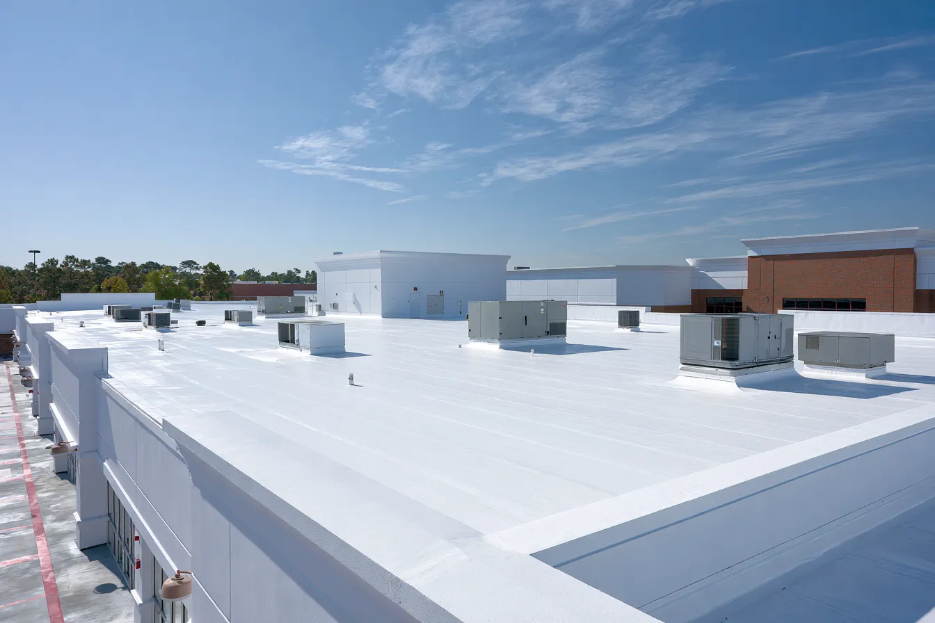 Rooftop HVAC units spread across a white flat roof beneath clear blue sky