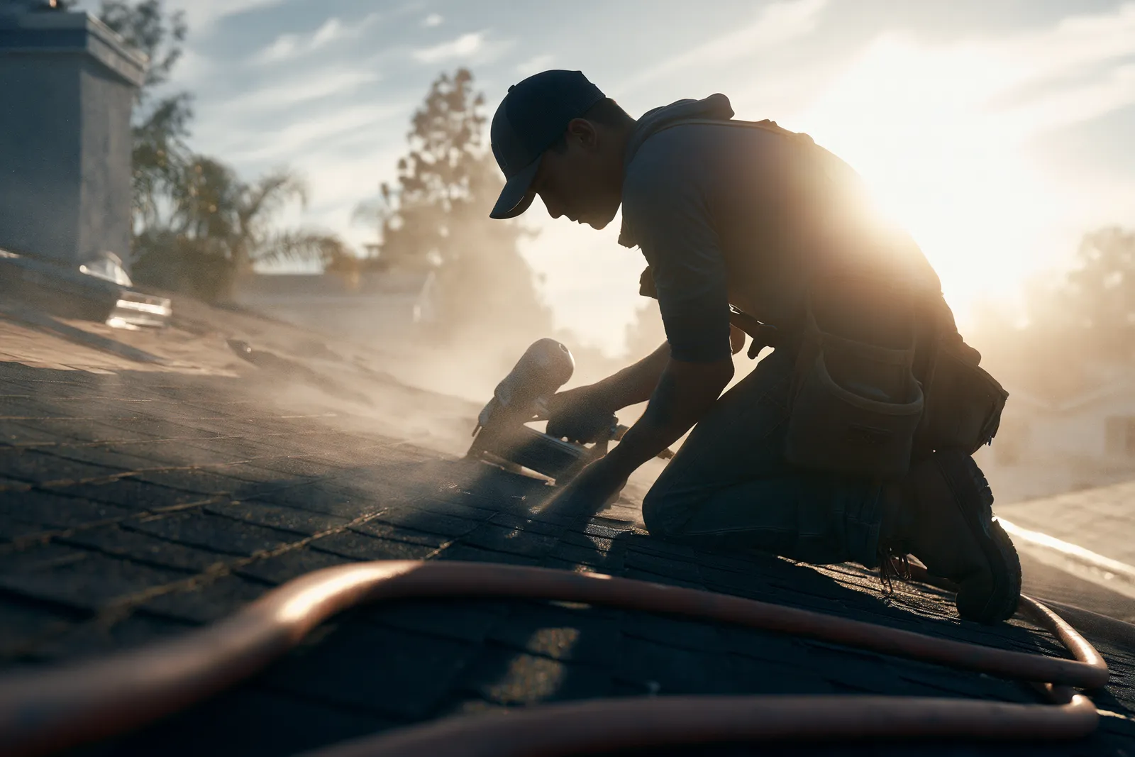 A roofer nails shingles with a nail gun while kneeling in hazy sunlight