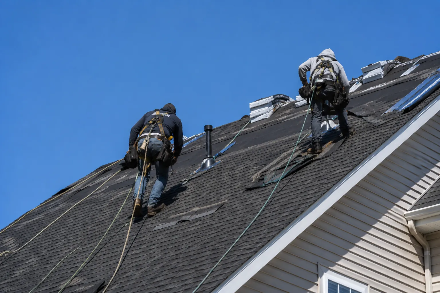Two workers roped in on a steep shingle roof