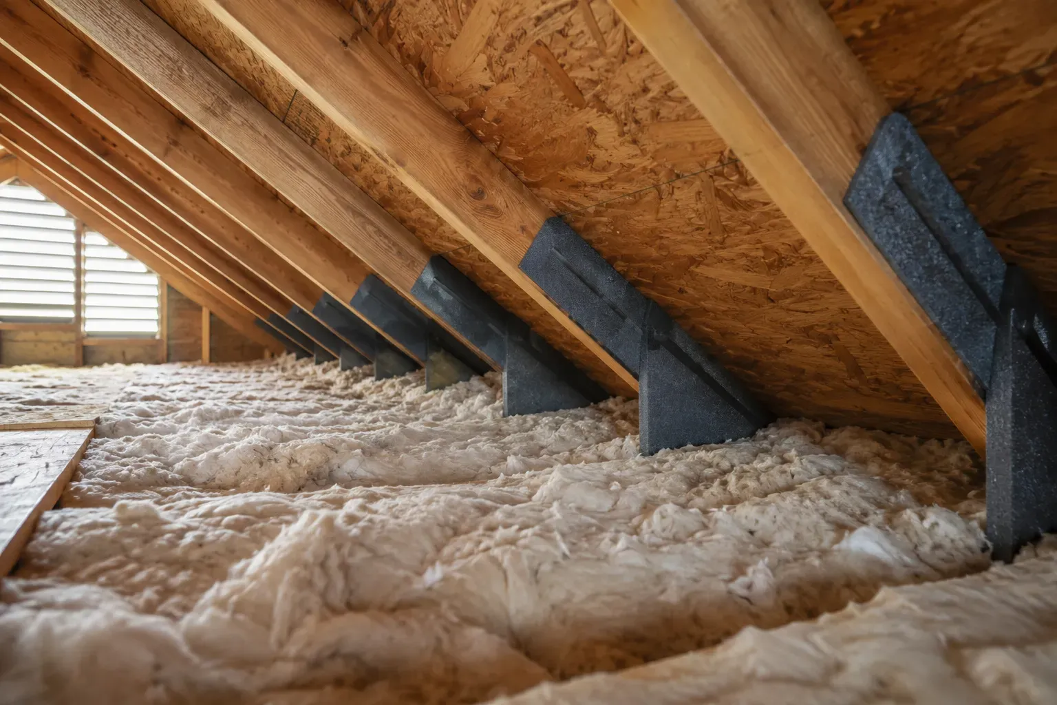 Air baffles stapled in at the attic eave line