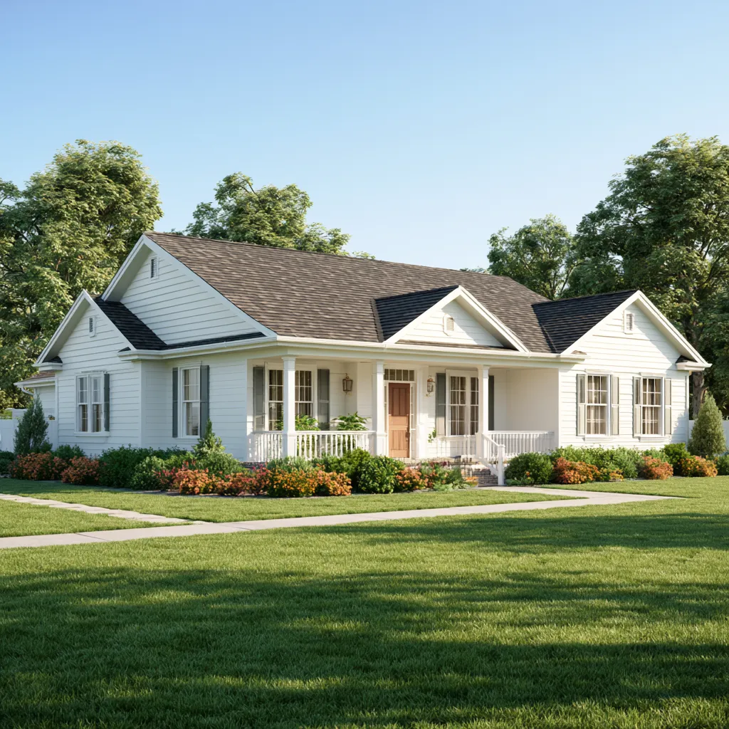 Brown shingle roof over a white ranch home with covered porch