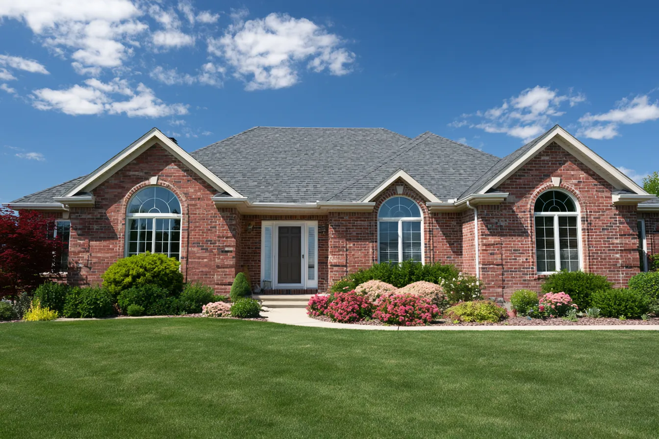 Under a partly cloudy sky a brick ranch home features arched windows and a gray shingle roof