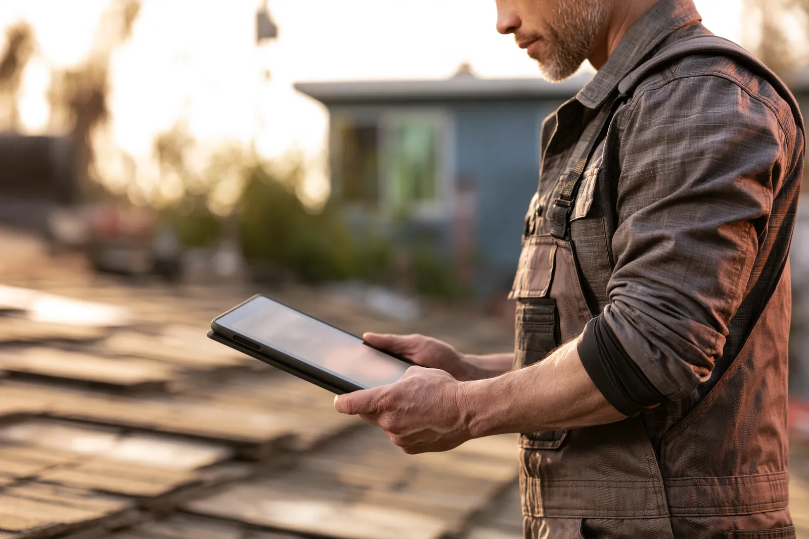 Standing on an exposed roof deck a roofer reviews a tablet